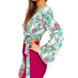 MUSTARD SEED Tropical Flare Sleeve Wrap Crop Top Sz S/M Resort Vacation Party